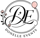 logo with letters D and E encircled in a balloon anchored and flower closure.